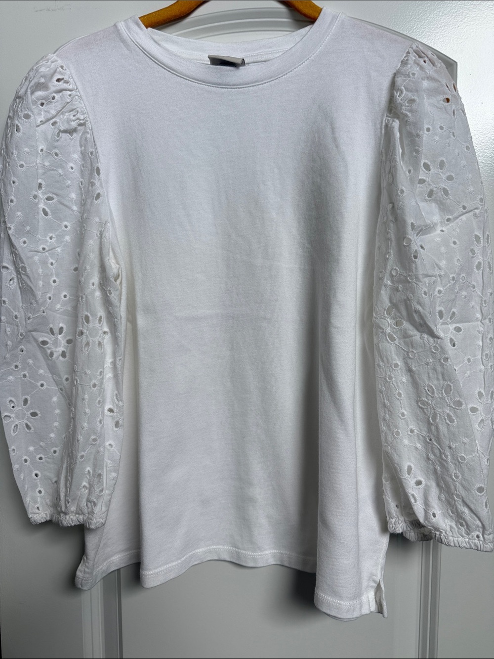 Women's White Puff Sleeve Eyelet Top
